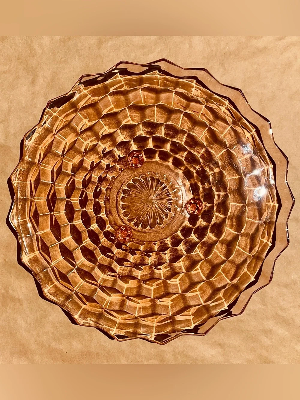 Vintage ❉ Art Deco Cube Cubist Serving Dish Platter in Pink Depression Glass